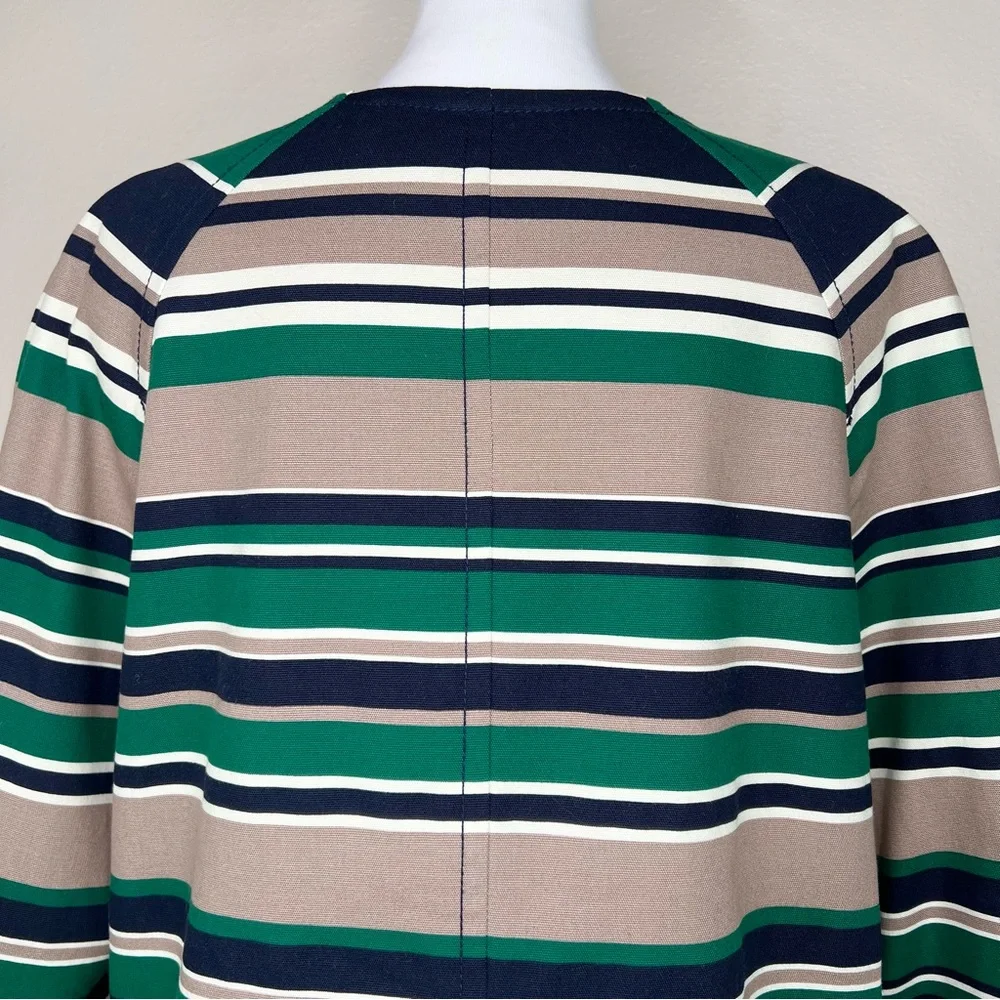 Talbots Navy Blue & Green Striped Cotton Collarless 3/4 Sleeve Blazer Jacket - Picture 8 of 11